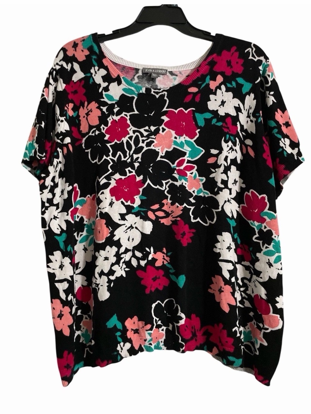 Jessica London Women’s Plus Size 26/28 Short Sleeve Sweater Black Multi Floral